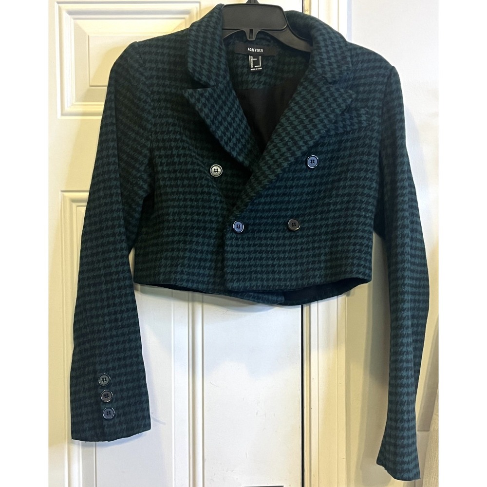 Dark Academia Green Black Houndstooth Double Breasted Cropped Blazer S Forever21